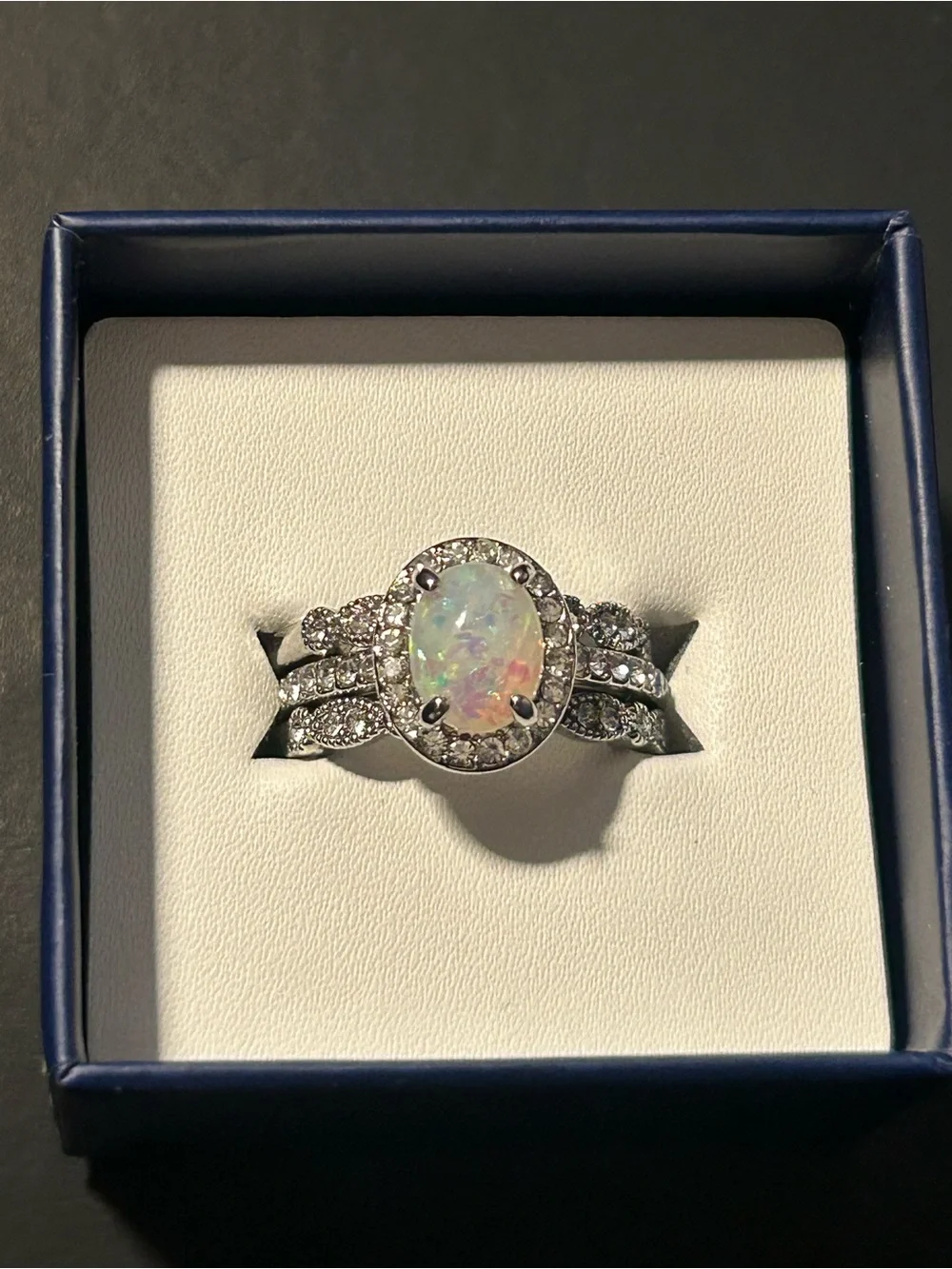 Opal Halo 3 Ring Set in White-Pink-Blue Opal Size 8 - Picture 4 of 5
